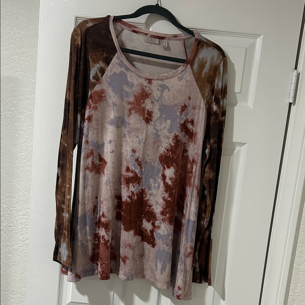 LOGO by Lori Goldstein Long Sleeve Tie-Dye Top - Brown and Purple